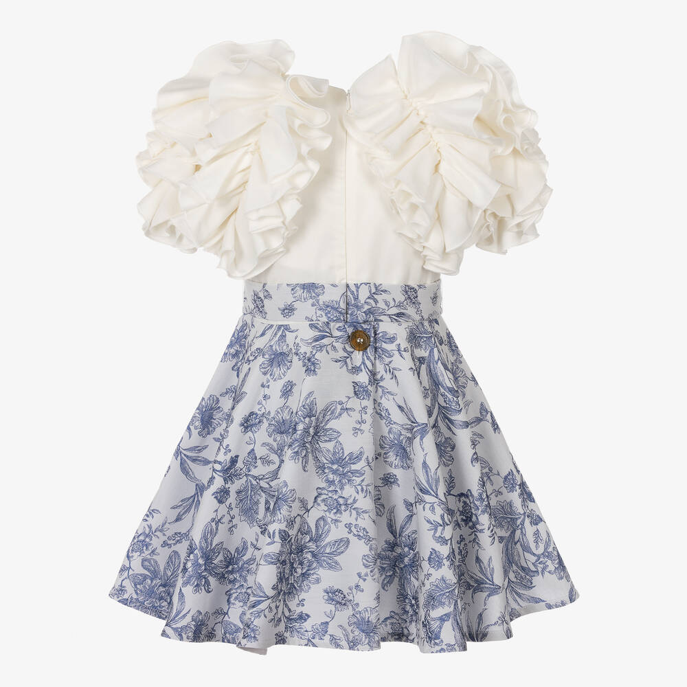 Jessie and James London-Girls Blue Cotton Floral Jacquard Dress | Childrensalon Outlet