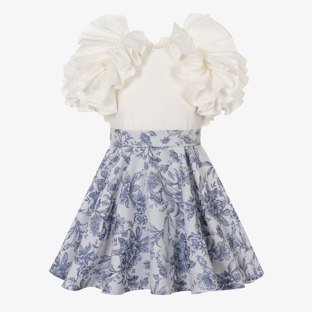 Jessie and James London-فستان قطن تويل وجاكارد لون أزرق بطبعة ورود | Childrensalon Outlet