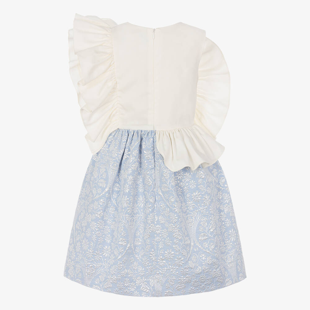 Jessie and James London-Girls Blue Cotton Floral Jacquard Dress | Childrensalon Outlet