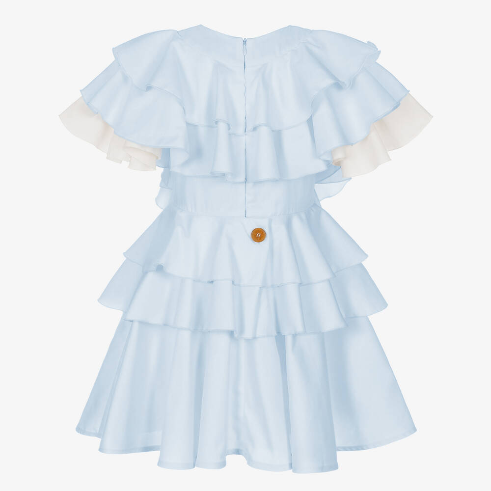 Jessie and James London-فستان قطن مزين بكشكش لون أزرق | Childrensalon Outlet