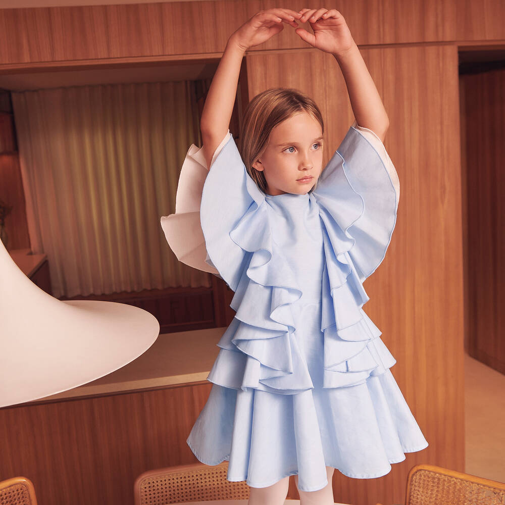 Jessie and James London-فستان قطن مزين بكشكش لون أزرق | Childrensalon Outlet