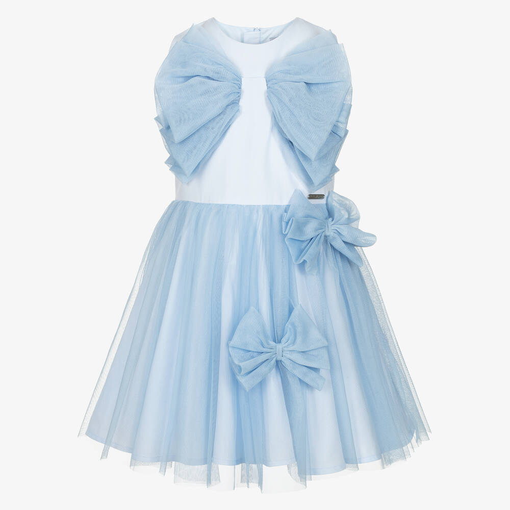 Jessie and James London - Girls Blue Cotton & Tulle Bow Dress | Childrensalon