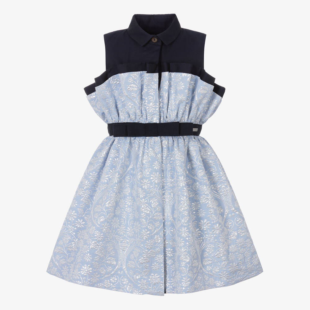 Jessie and James London-فستان قطن تويل وجاكارد لون أزرق بطبعة ورود | Childrensalon Outlet
