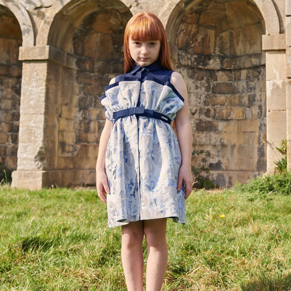 جيسي آند جيمس لندن-فستان قطن تويل وجاكارد لون أزرق بطبعة ورود | Childrensalon Outlet