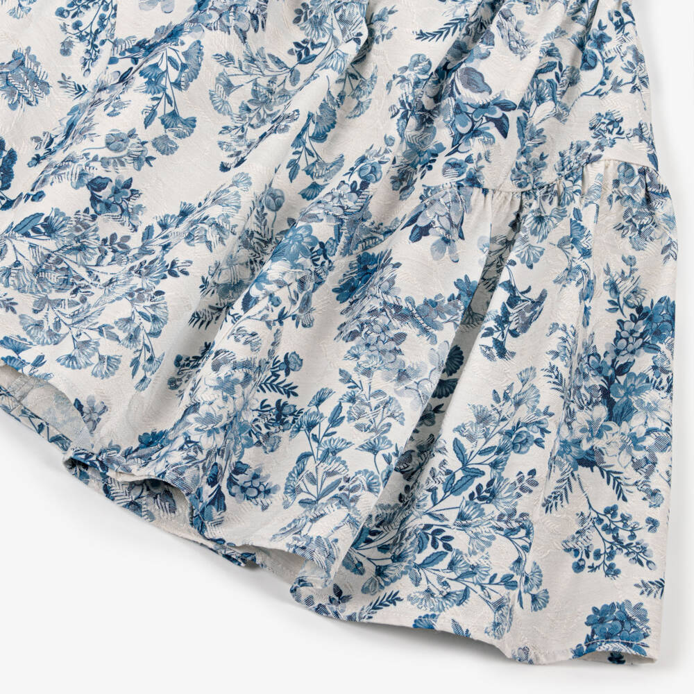 Jessie and James London-Girls Blue Floral Jacquard Dress with Puffed Sleeves | Childrensalon Outlet