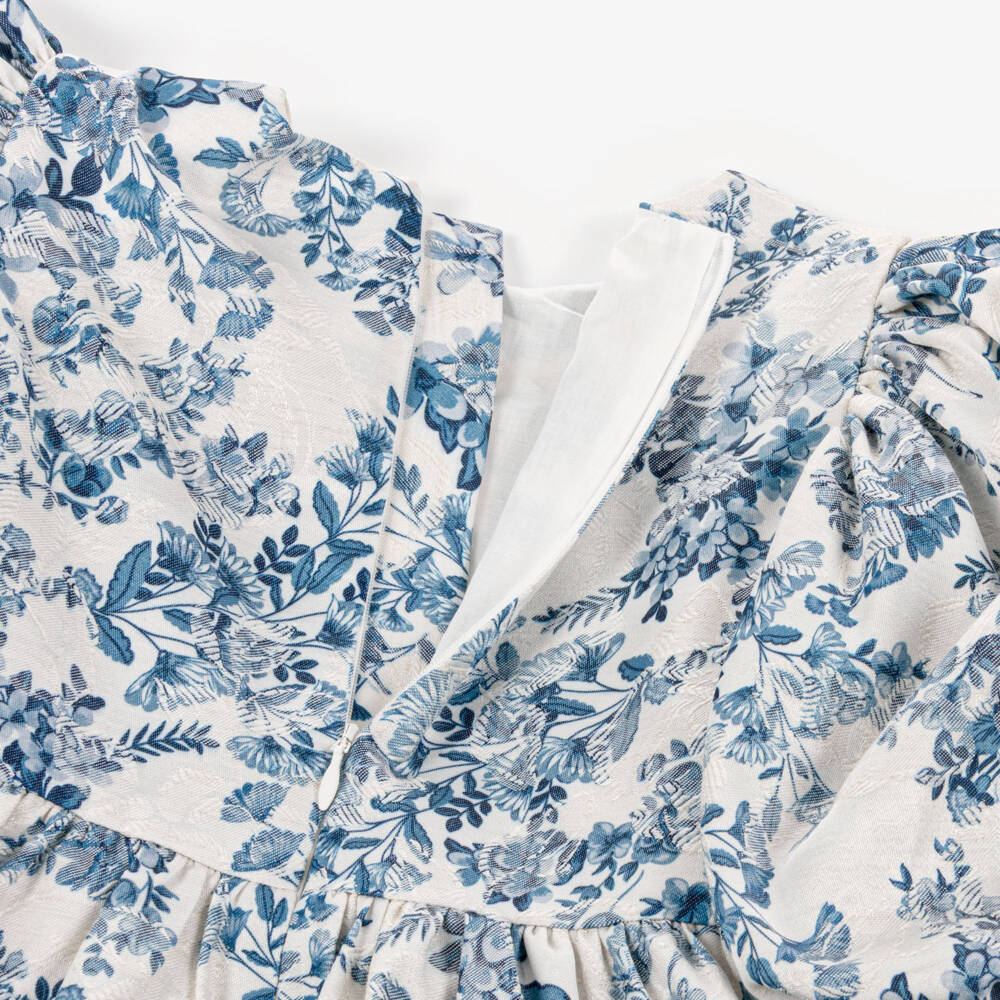 Jessie and James London-Girls Blue Floral Jacquard Dress with Puffed Sleeves | Childrensalon Outlet