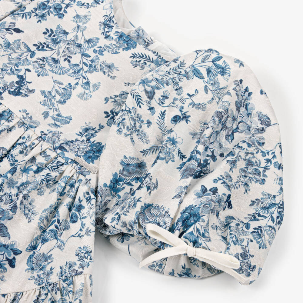 Jessie and James London-Girls Blue Floral Jacquard Dress with Puffed Sleeves | Childrensalon Outlet
