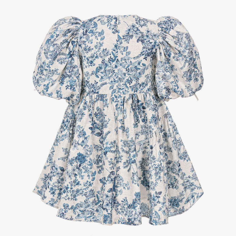 Jessie and James London-Girls Blue Floral Jacquard Dress with Puffed Sleeves | Childrensalon Outlet