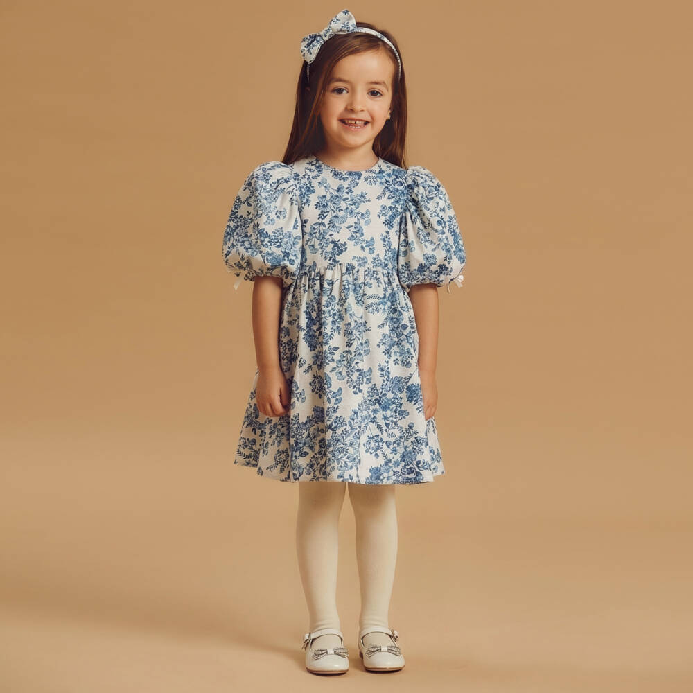 Jessie and James London-Girls Blue Floral Jacquard Dress with Puffed Sleeves | Childrensalon Outlet