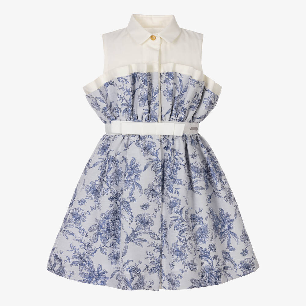 Jessie and James London-Girls Blue Flower Jacquard Cotton Dress | Childrensalon Outlet