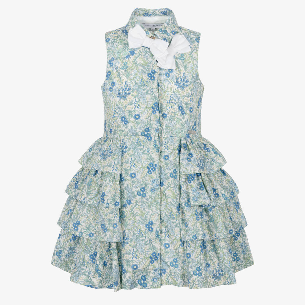 Jessie and James London-Girls Blue & Green Floral Cotton Dress | Childrensalon Outlet