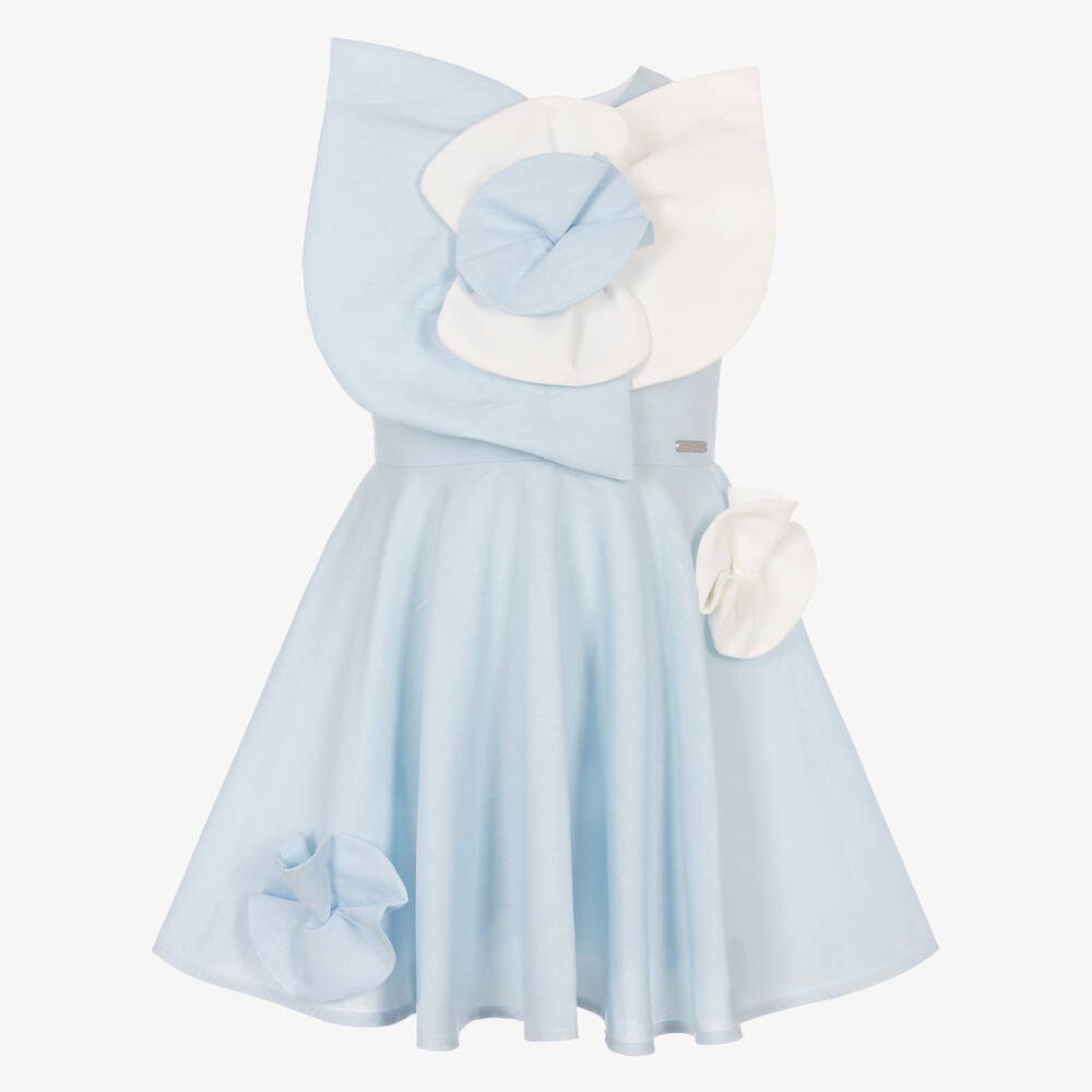 Jessie and James London - Girls Blue & Ivory Cotton Peony Dress  | Childrensalon
