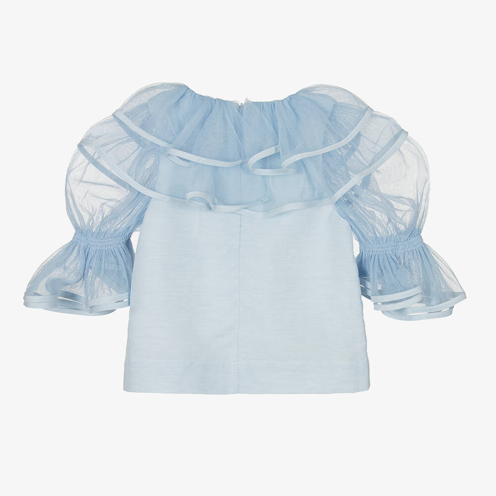 Jessie and James London-Girls Blue Linen & Tulle Ruffle Blouse | Childrensalon Outlet