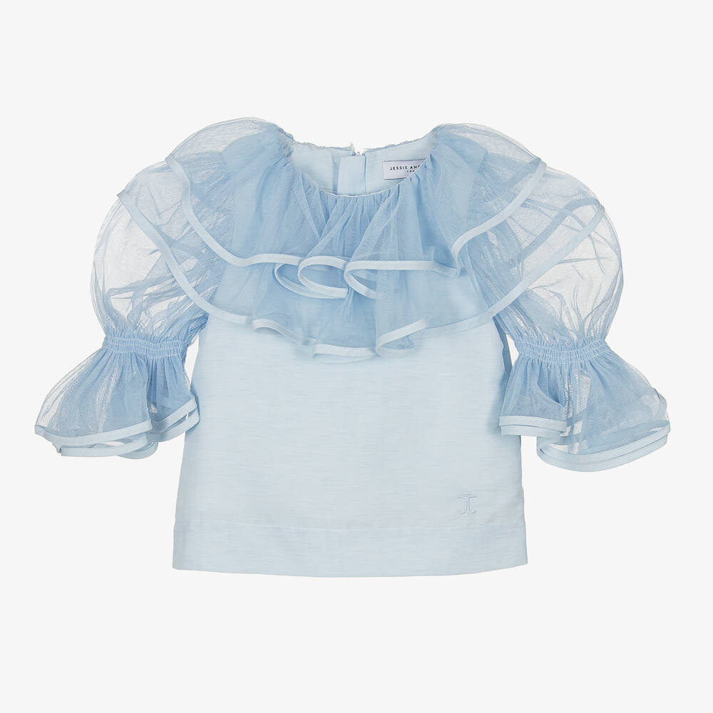 Jessie and James London - Girls Blue Linen & Tulle Ruffle Blouse ...