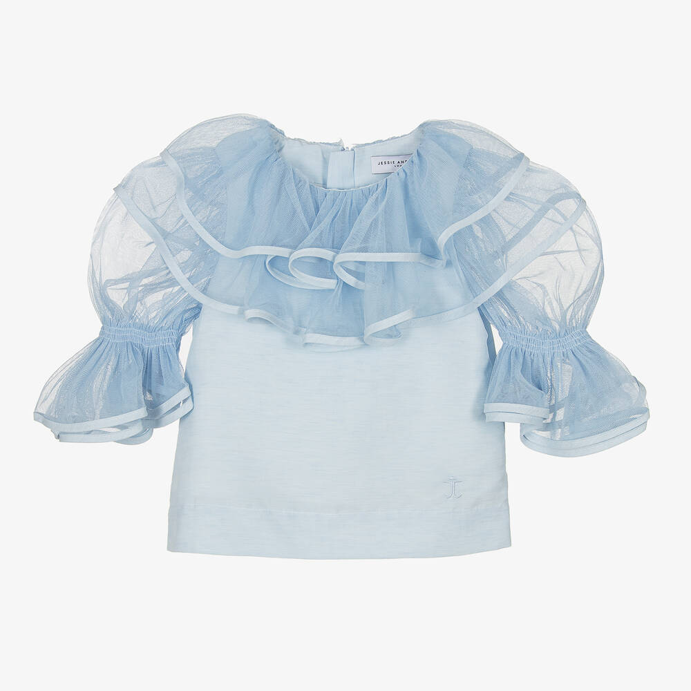 Jessie and James London - Girls Blue Linen & Tulle Ruffle Blouse | Childrensalon