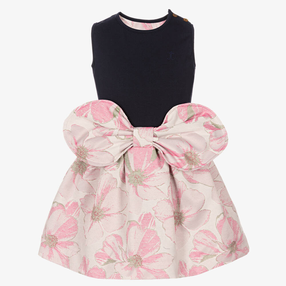 Jessie and James London - Girls Blue & Pink Floral Jacquard Dress | Childrensalon