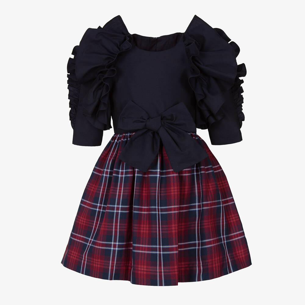 Jessie and James London - Girls Blue & Red Cotton Tartan Dress  | Childrensalon