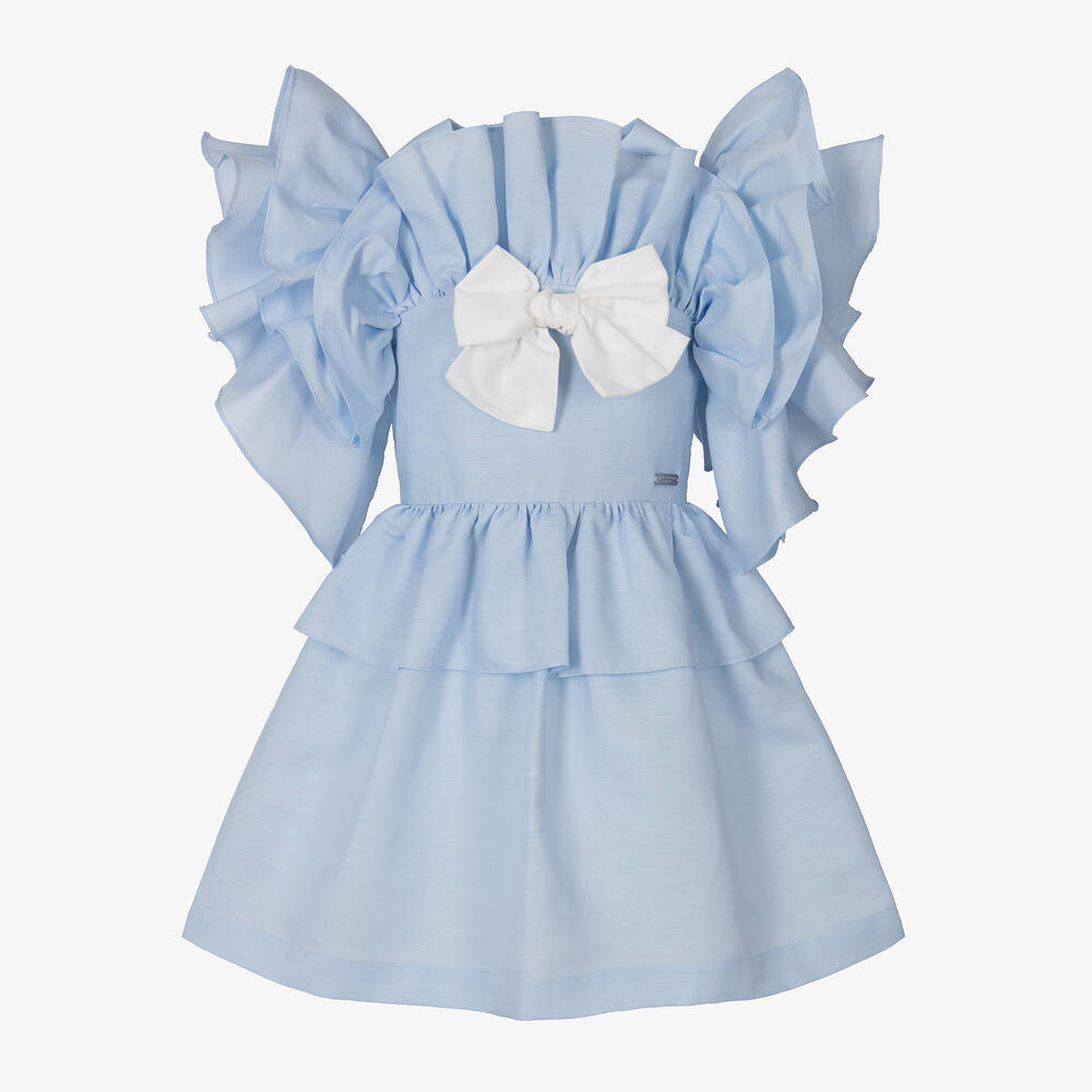 Jessie and James London-فستان مزيج قطن لون أزرق فاتح مزين بكشكش | Childrensalon Outlet
