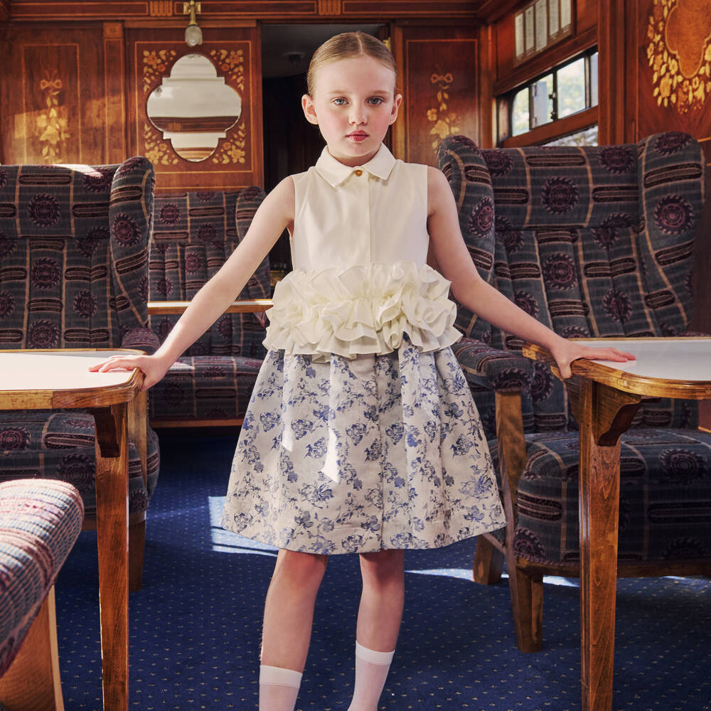 Jessie and James London-Girls Blue Satin & Ivory Twill Dress | Childrensalon Outlet