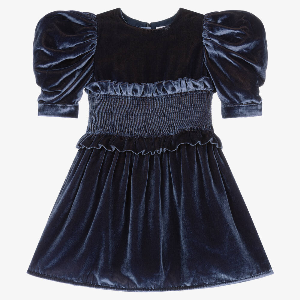 Jessie and James London - Girls Blue Silk Velvet Dress | Childrensalon