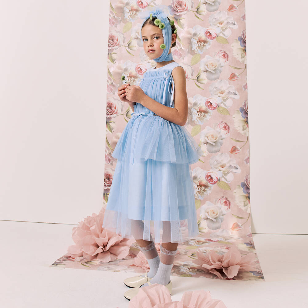Jessie and James London-Girls Blue Sleeveless Dress with Tulle Overlay | Childrensalon Outlet