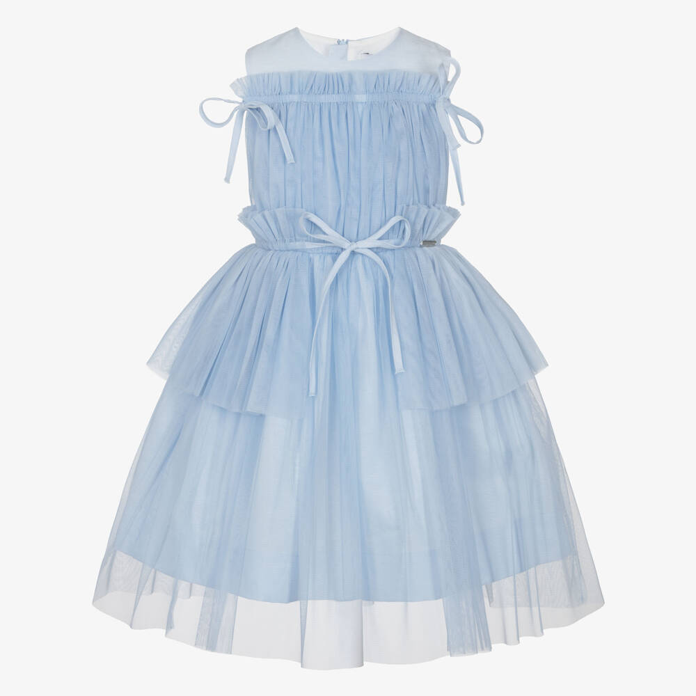 Jessie and James London-Girls Blue Sleeveless Dress with Tulle Overlay | Childrensalon Outlet