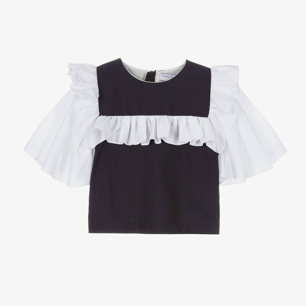 Jessie and James London - Girls Blue & White Cotton Ruffle Blouse | Childrensalon