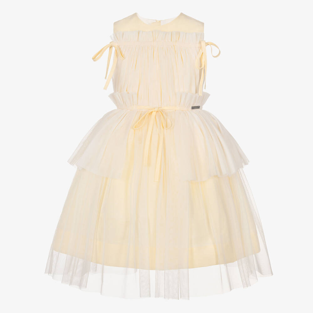 Jessie and James London-Girls Butter Yellow Dress with Gathered Tulle & Bows | Childrensalon Outlet