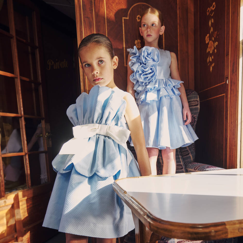 Jessie and James London-Girls Elegant Blue Jacquard Dress | Childrensalon Outlet