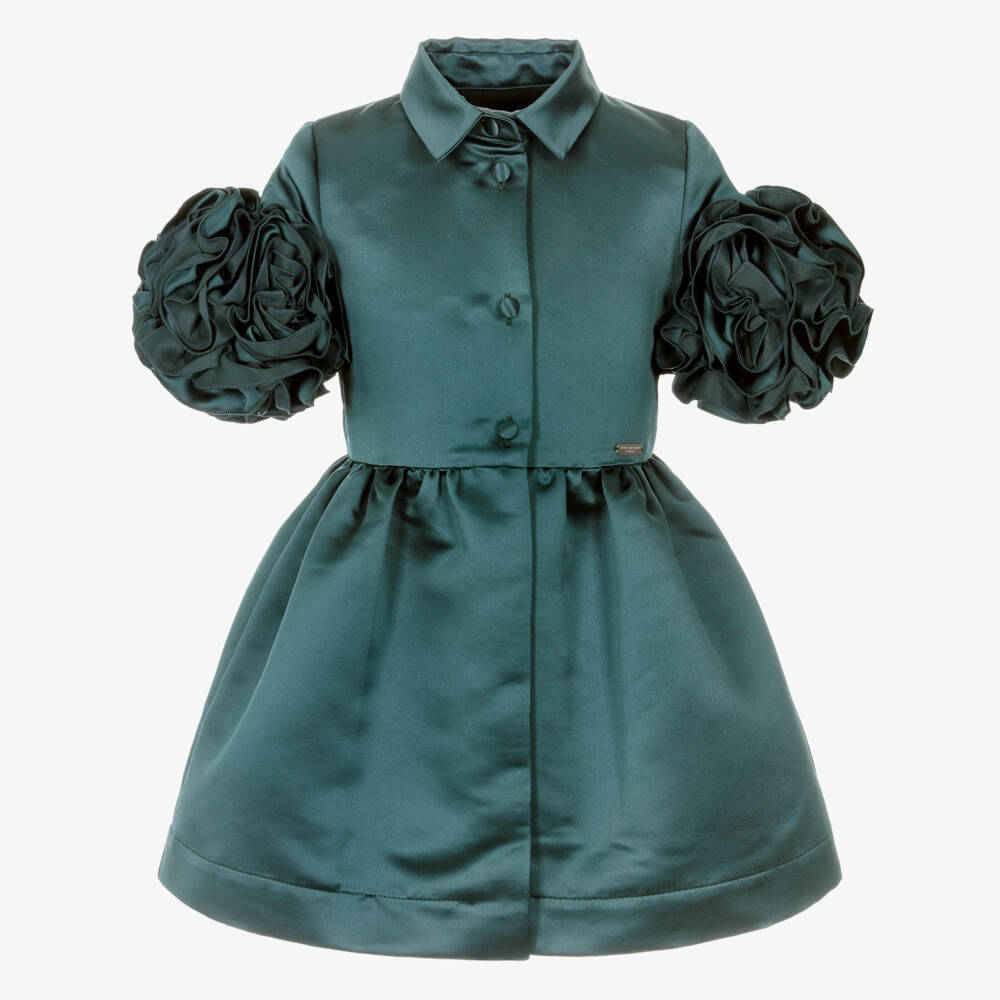 Jessie and James London-Платье изумрудное атласное с розетками на рукавах для девочек | Childrensalon Outlet