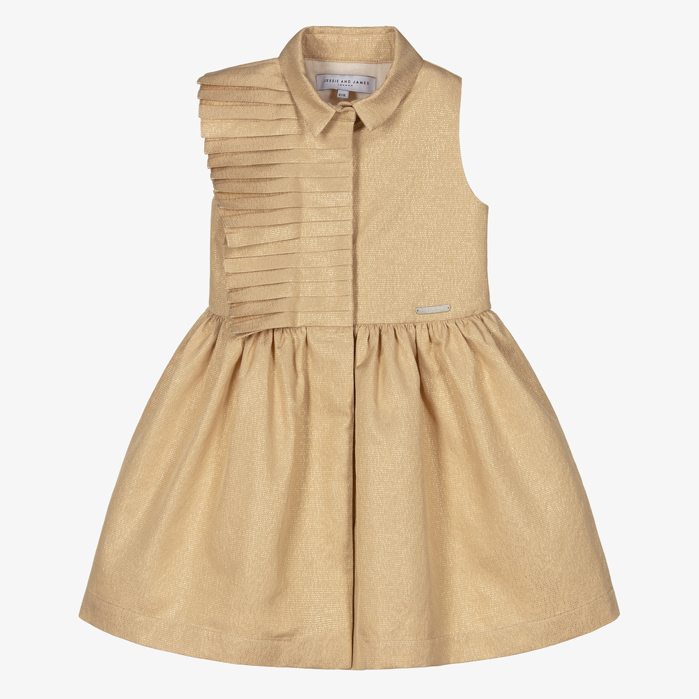 Jessie and James London - Girls Gold Jacquard Dress | Childrensalon