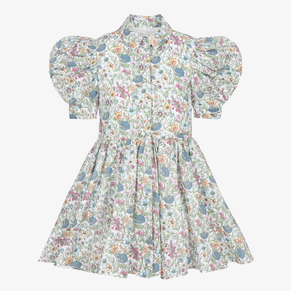 Jessie and James London-Girls Green Floral Print Cotton Dress with Puffed Sleeves | Childrensalon Outlet