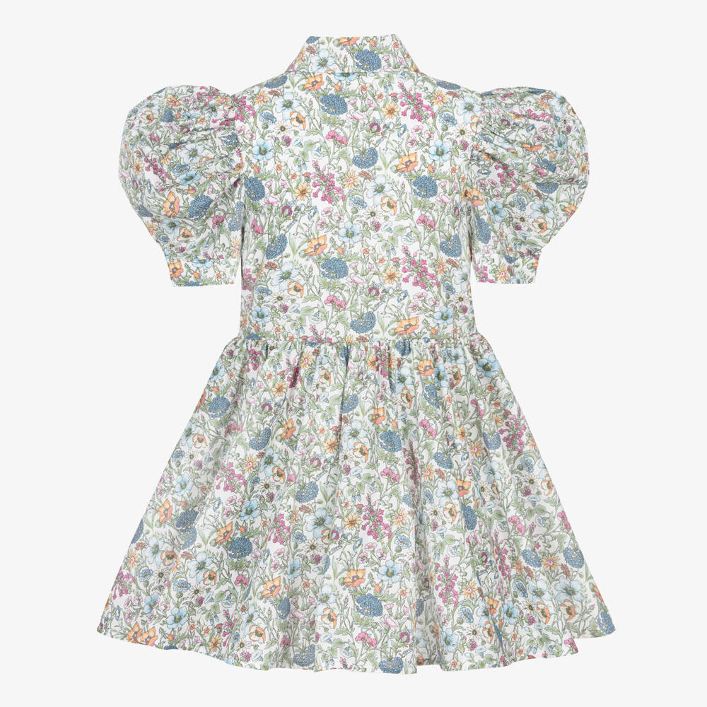 Jessie and James London-Girls Green Floral Print Cotton Dress with Puffed Sleeves | Childrensalon Outlet