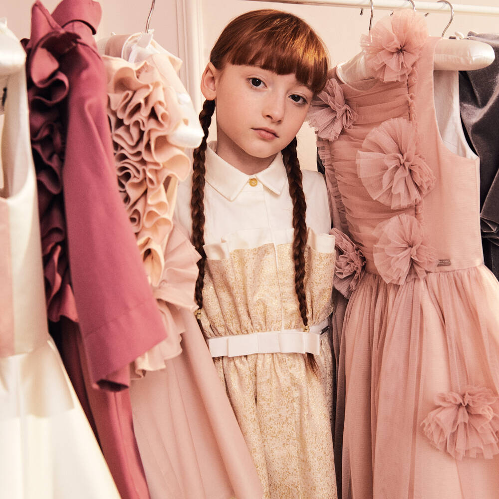 جيسي آند جيمس لندن-فستان براق قطن لون عاجي وذهبي | Childrensalon Outlet