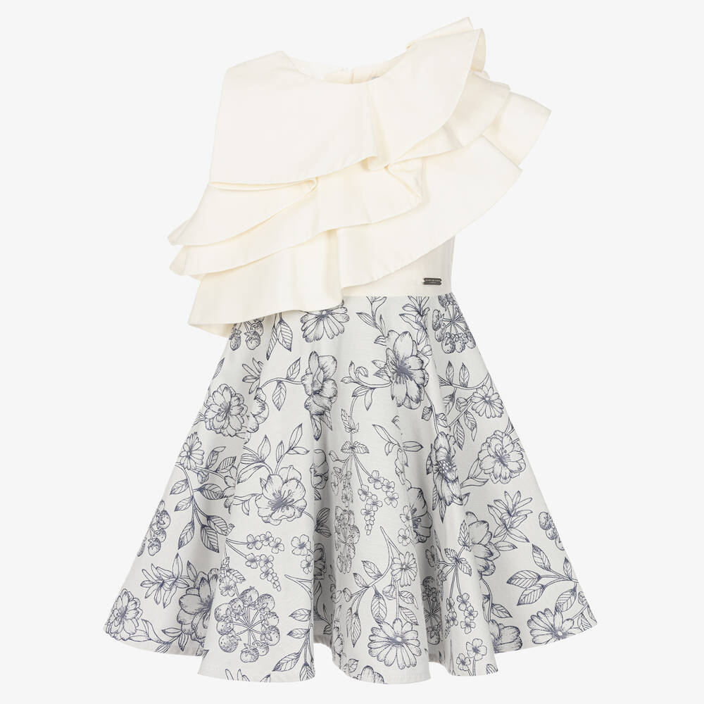 Jessie and James London - Girls Ivory & Blue Cotton Jacquard Dress | Childrensalon