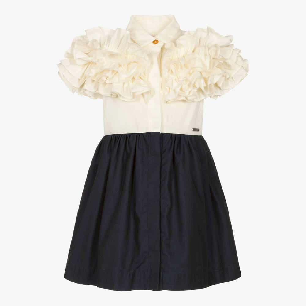 Jessie and James London - Girls Ivory & Blue Cotton Ruffles Dress | Childrensalon