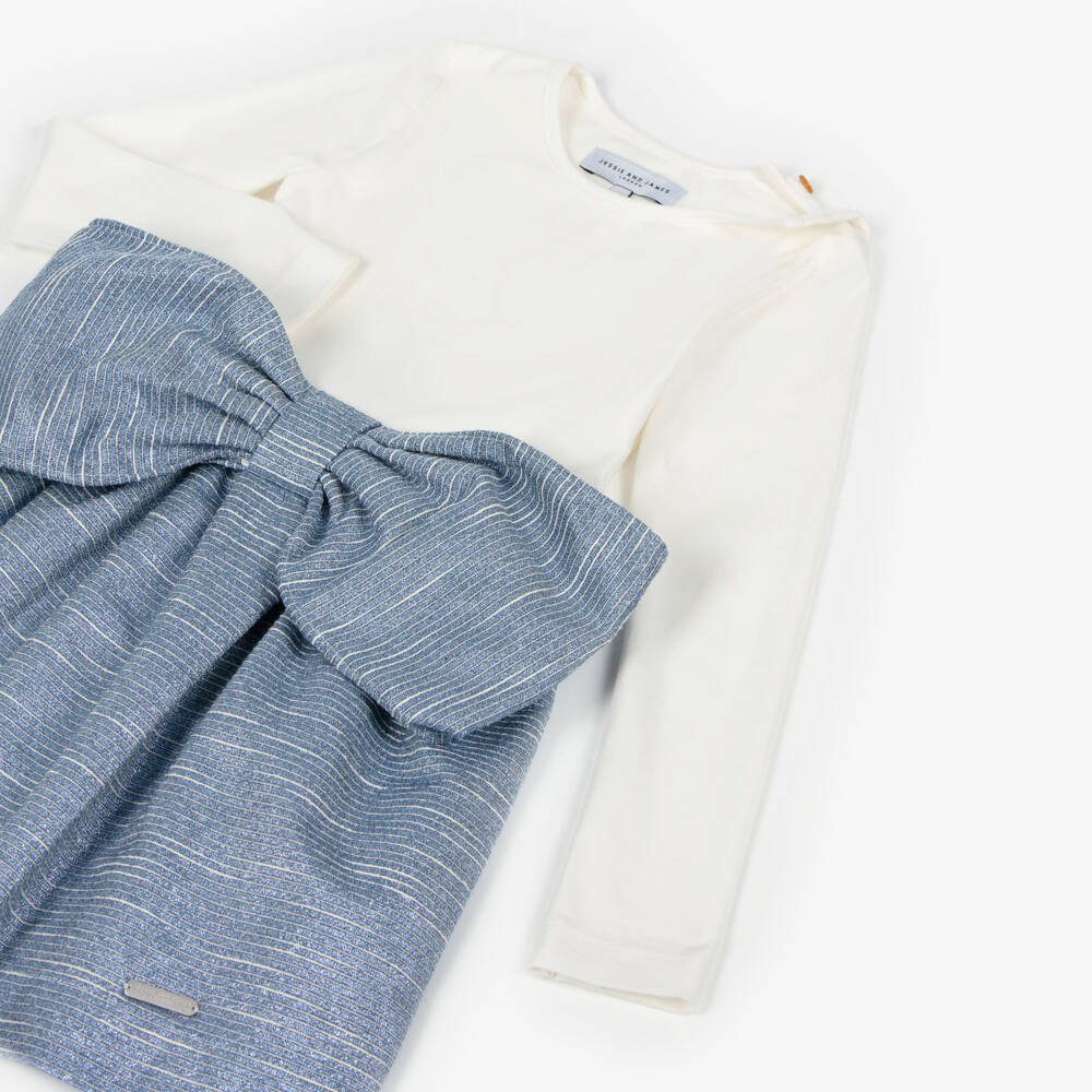 Jessie and James London-Girls Ivory & Blue Dress with Oversized Bow | Childrensalon Outlet