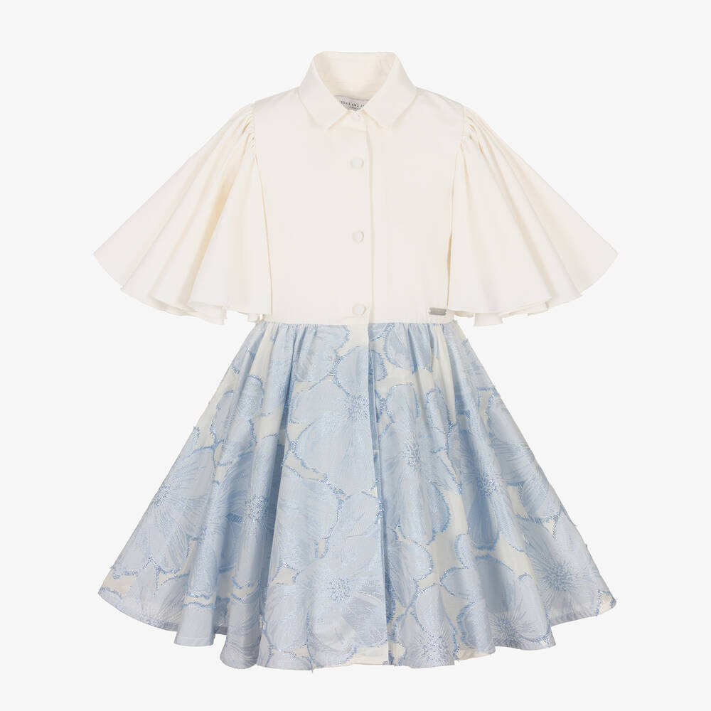 Jessie and James London - Girls Ivory & Blue Floral Brocade Dress | Childrensalon