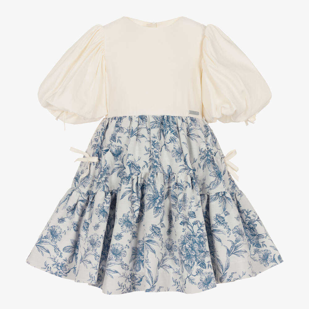 Jessie and James London-فستان قطن وجاكارد لون أزرق وعاجي بطبعة ورود | Childrensalon Outlet