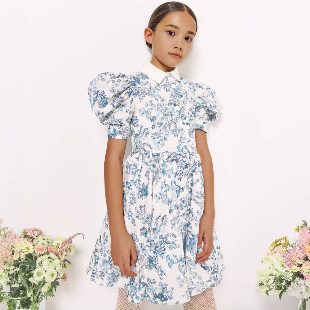 Jessie and James London-Girls Ivory & Blue Floral Jacquard Dress | Childrensalon Outlet
