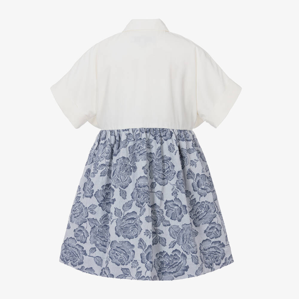 Jessie and James London-Girls Ivory Cotton & Blue Jacquard Dress | Childrensalon Outlet