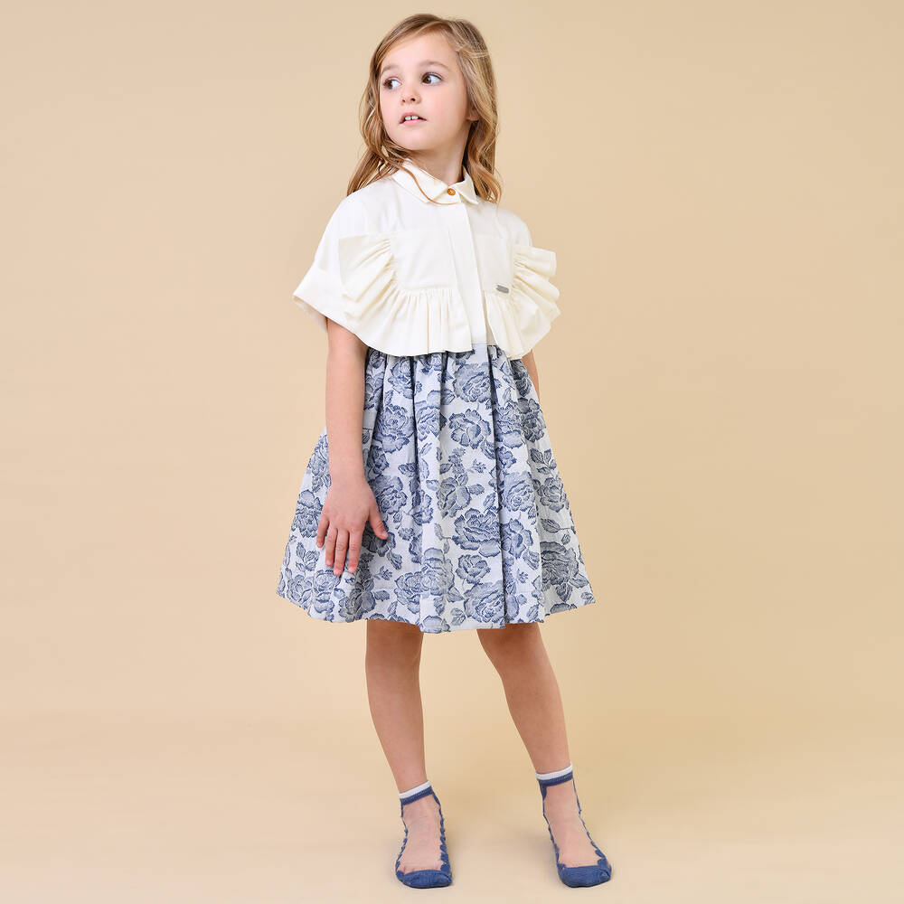 Jessie and James London-Girls Ivory Cotton & Blue Jacquard Dress | Childrensalon Outlet
