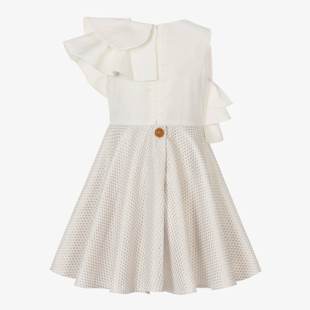 Jessie and James London-فستان قطن تويل وجاكارد منقط لون عاجي وذهبي | Childrensalon Outlet
