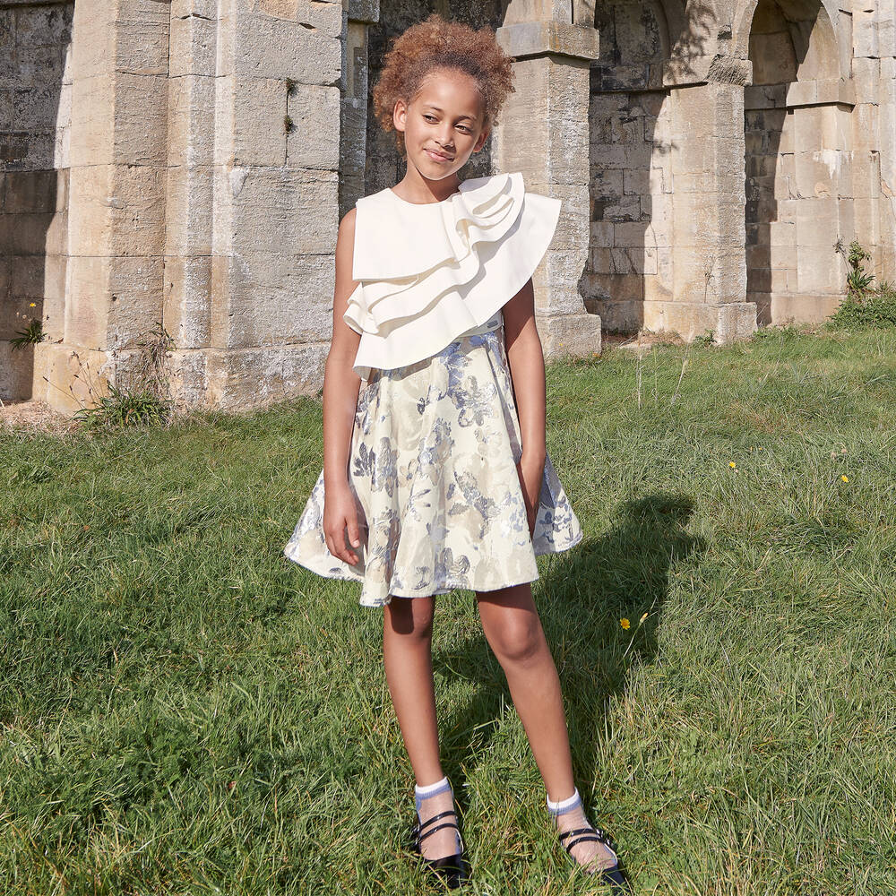 جيسي آند جيمس لندن-فستان قطن تويل وجاكارد لون عاجي بطبعة ورود | Childrensalon Outlet