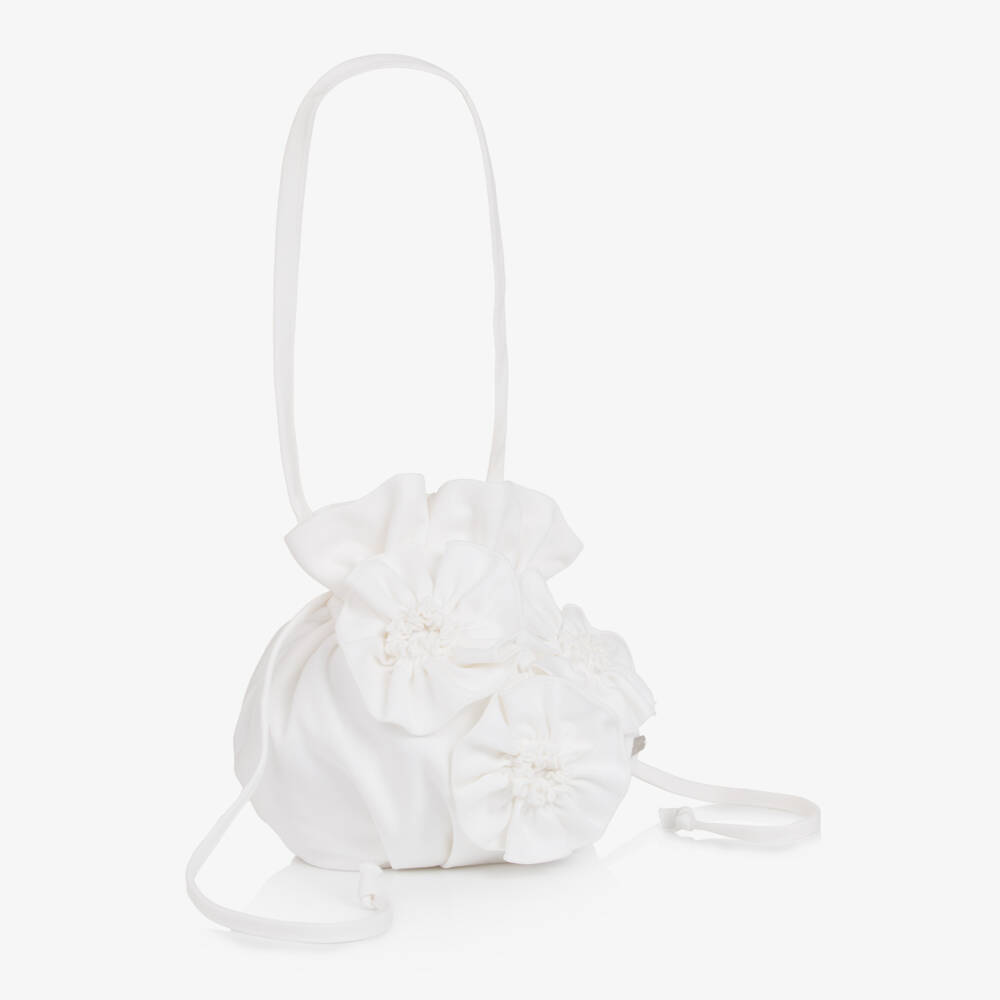 Jessie and James London-Girls Ivory Drawstring Handbag with 3D Flowers | Childrensalon Outlet