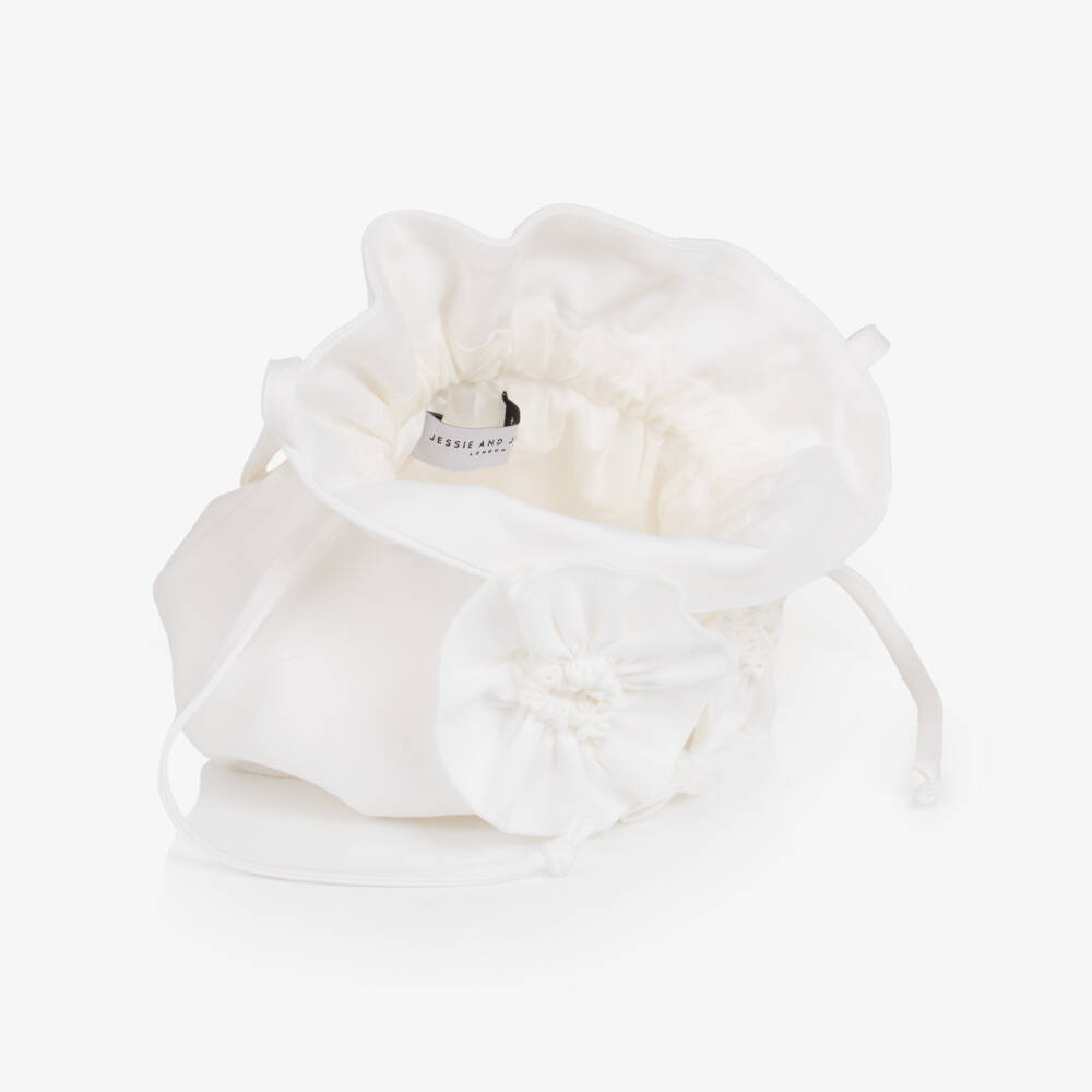 Jessie and James London-Girls Ivory Drawstring Handbag with 3D Flowers | Childrensalon Outlet