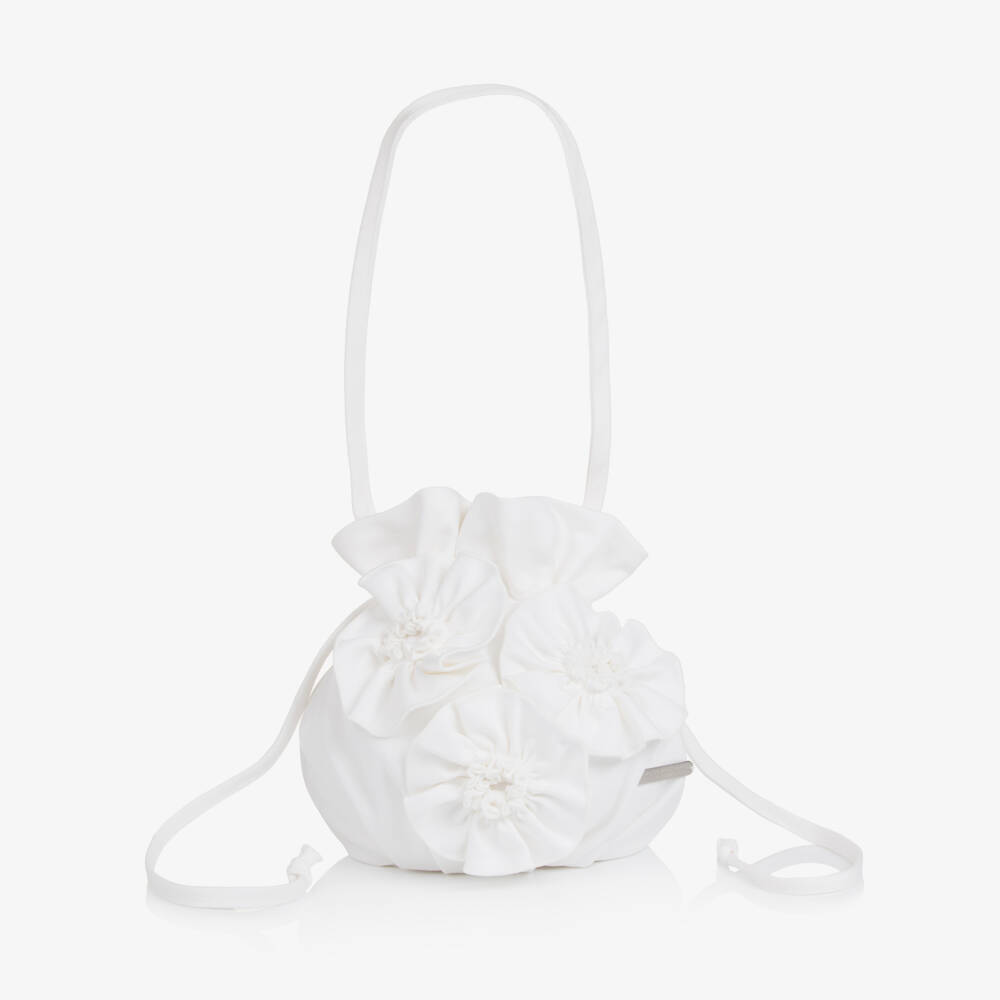 Jessie and James London-Girls Ivory Drawstring Handbag with 3D Flowers | Childrensalon Outlet