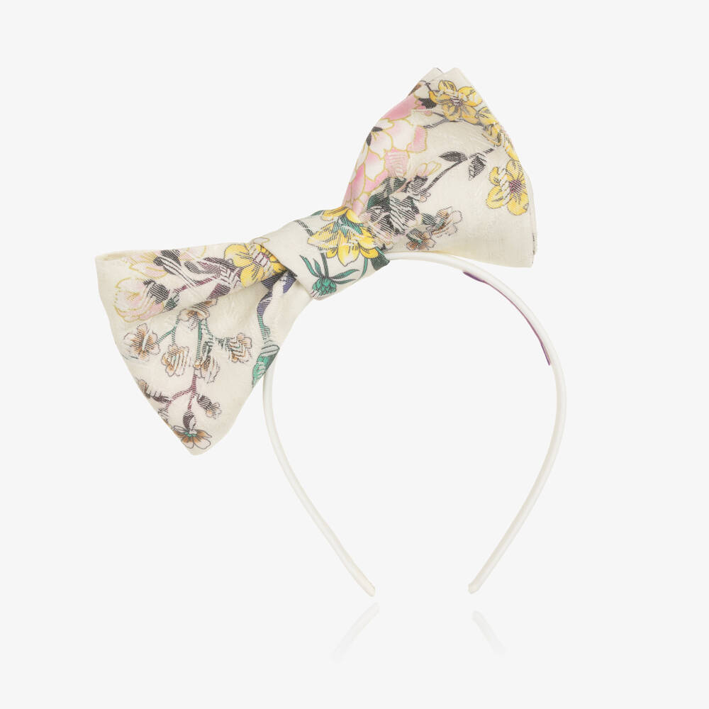 Jessie and James London-Girls Ivory Floral Jacquard Bow Hairband | Childrensalon Outlet