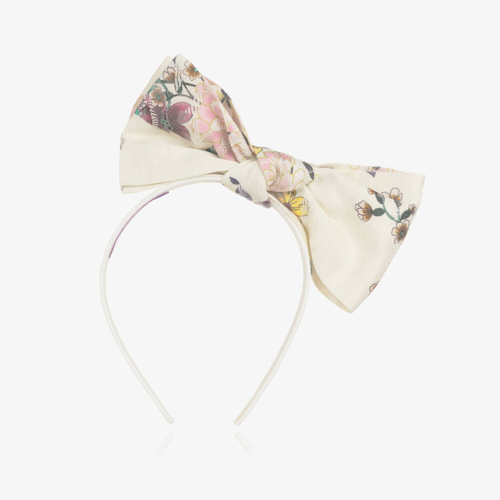 Jessie and James London-Girls Ivory Floral Jacquard Bow Hairband | Childrensalon Outlet