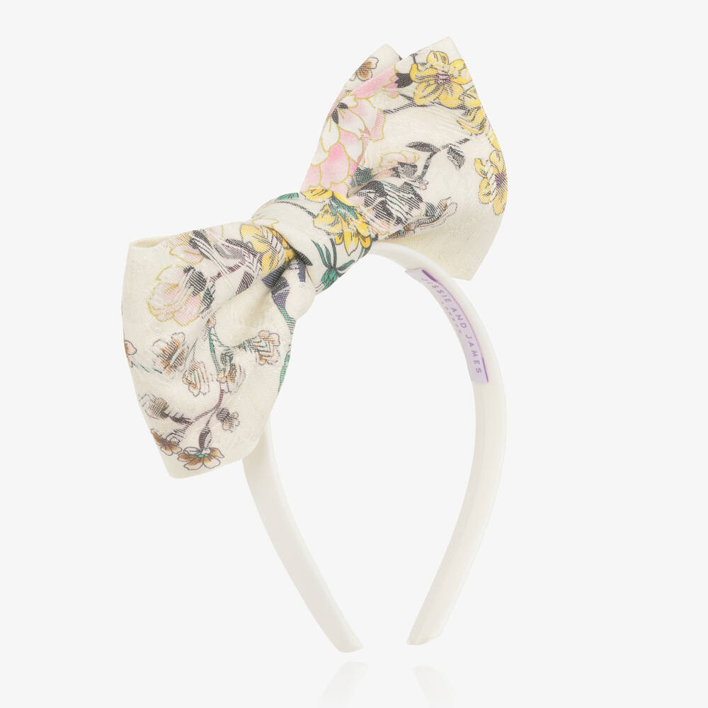 Jessie and James London-Girls Ivory Floral Jacquard Bow Hairband | Childrensalon Outlet